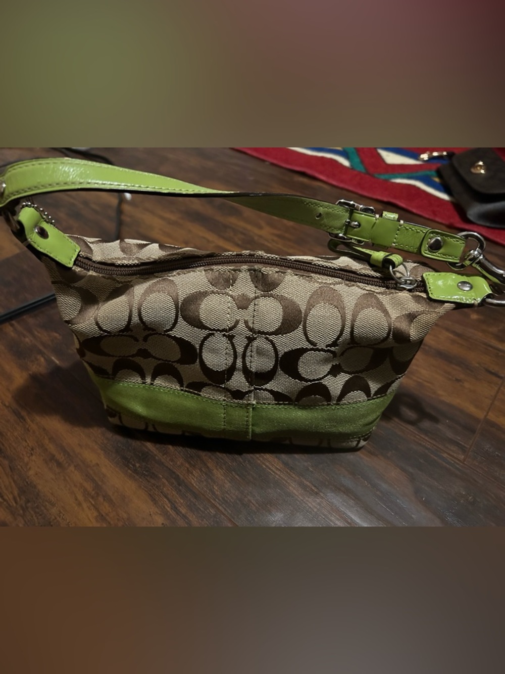 Coach Mini Shoulder Bag in Brown Signature Canvas with Green Trim